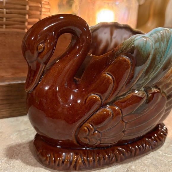 Brown and Blue Decorative Ceramic Swan Figurine Planter - Picture 2 of 12